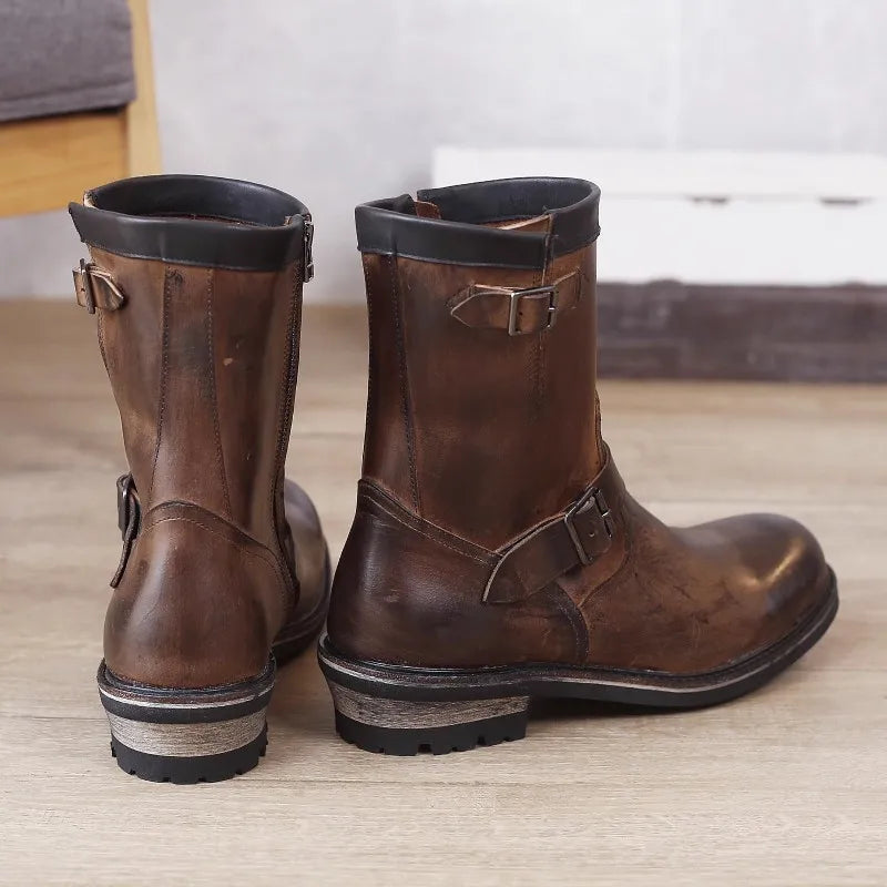 Vintage Mens Cowhide Genuine Leather High Top Engineer Boots Buckle Round Toe Motorcycle Riding Boots Zipper Work Safety Shoes