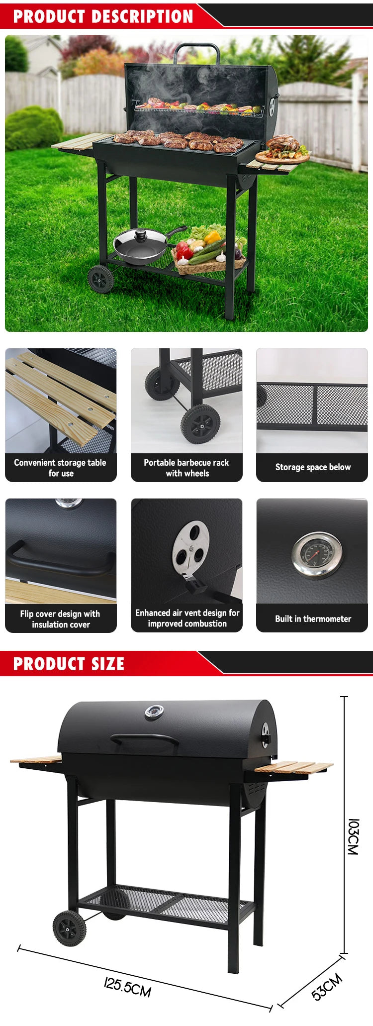 Heavy Duty Garden Barrel Trolley Barbeque Grill Outdoor Smoker Barbecue Grill Charcoal Bbq Grill with Side Table