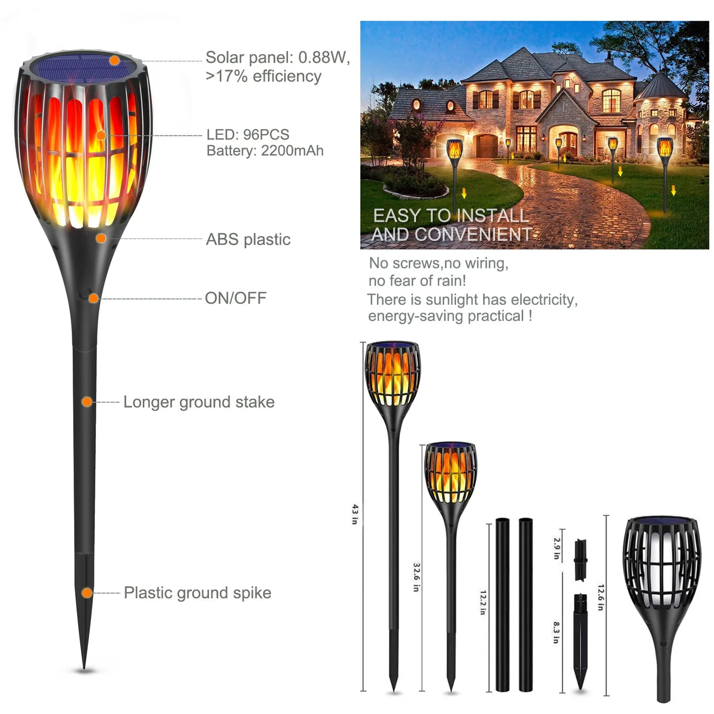 96LED Outdoor Solar Light Vertical Flame Torch Flickering Waterproof Garden Landscape Decorative ProjectionLawn Path Yard Patio