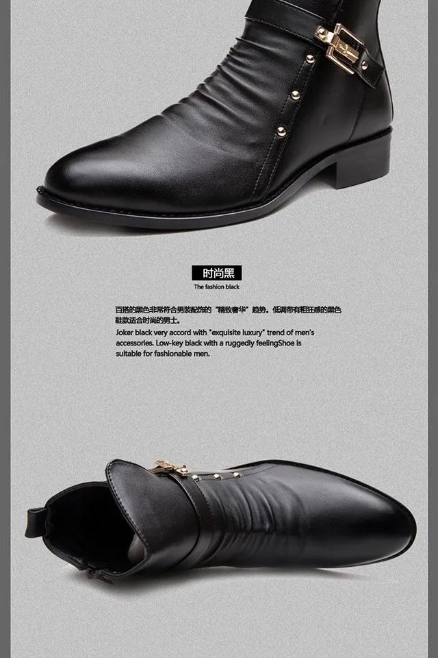 Winter Pointed Toe Men's Mid-calf Boots Buckle Strap Chelsea Boot for Men Leather Mens Motorcycle Boots High Top Man Winter Shoe