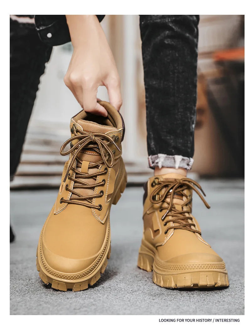 Men's Boots Fashion Motorcycle Ankle Boots High Top Casual Shoes for Men Lace Up Platform Boot Non Slip Hiking Boot Botas Hombre