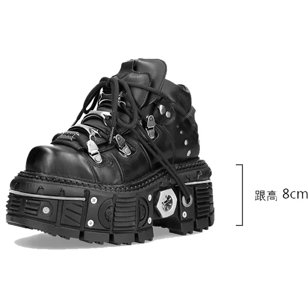 Retro Men's Motorcycle Boots Fashion Punk Rock Round Toe Leather Shoes Platform Metal Decoration Design Y2k Gothic Skull Boots