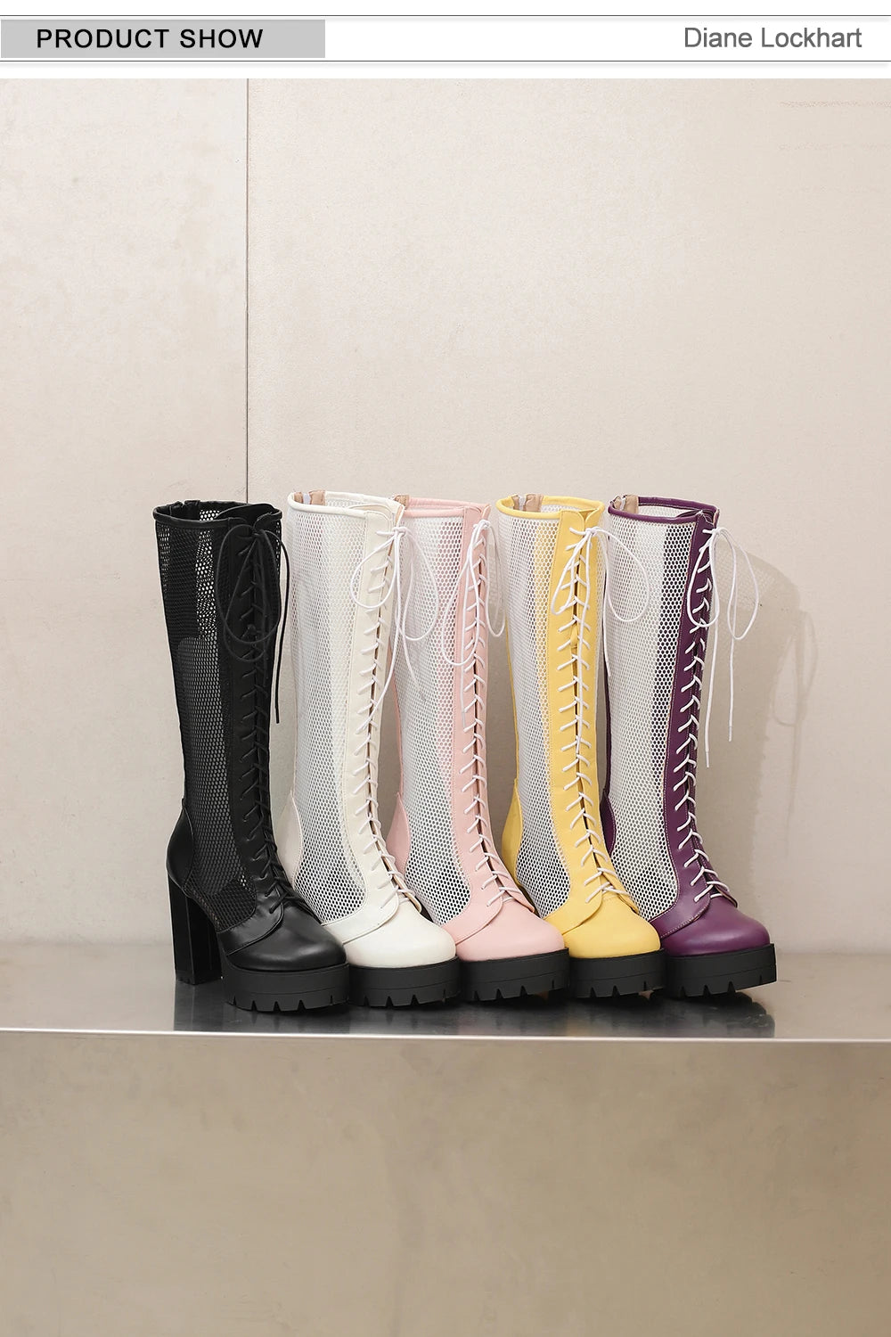 2026 PU Leather Women Knee High Heel Boots Platform Square High Heel Women Summer Boots Fashion Mesh Women's Shoes Pink Yellow