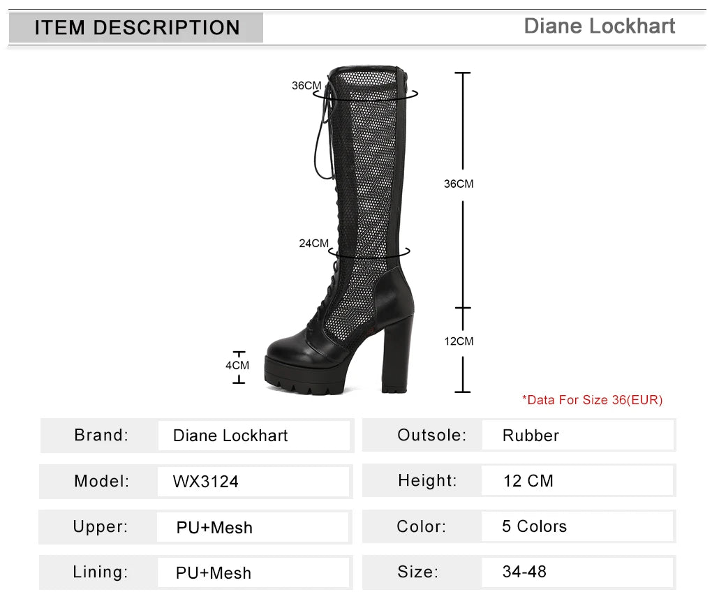 2026 PU Leather Women Knee High Heel Boots Platform Square High Heel Women Summer Boots Fashion Mesh Women's Shoes Pink Yellow