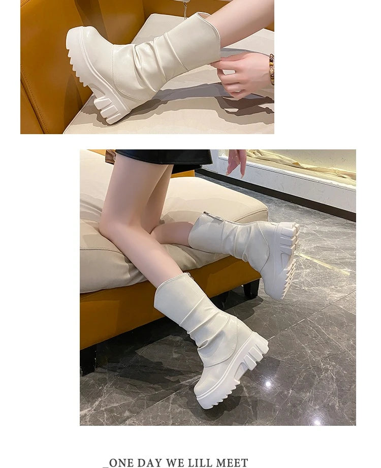 9CM Women Mid Calf Boots Autumn Winte Soft Leather Motorcycle Boots High Platform Square Heels Ladies Chunky Shoes Botas Mujer