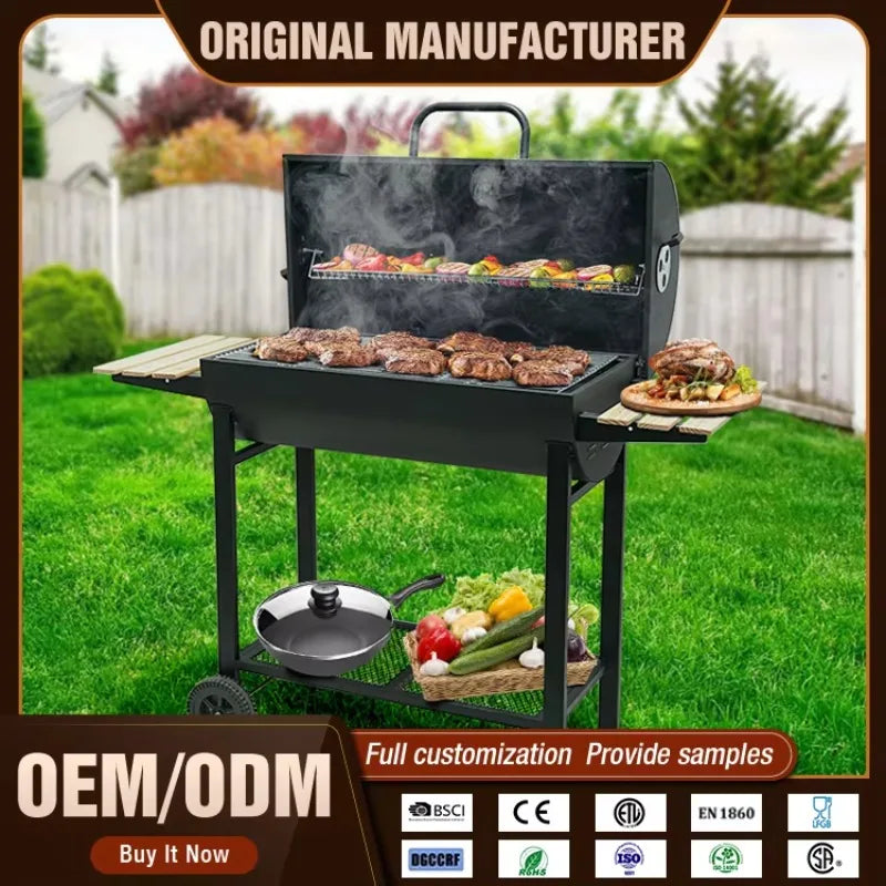 Heavy Duty Garden Barrel Trolley Barbeque Grill Outdoor Smoker Barbecue Grill Charcoal Bbq Grill with Side Table