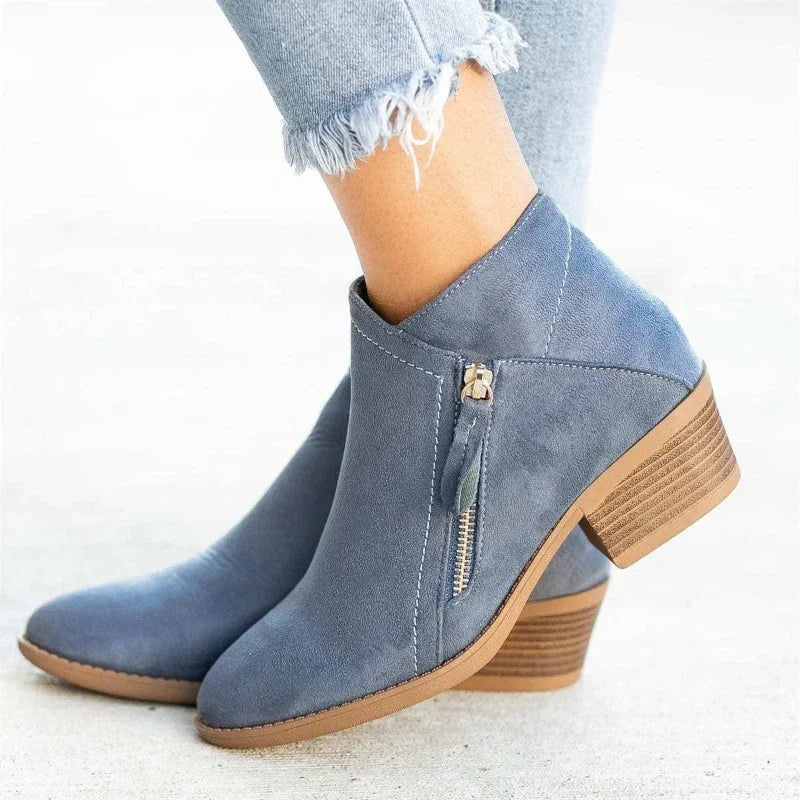 Women's Ankle Boots Autumn New Round Toe Side Zipper Women's Boots Platform Heel Large Size Fashionable Women's Leather Boots