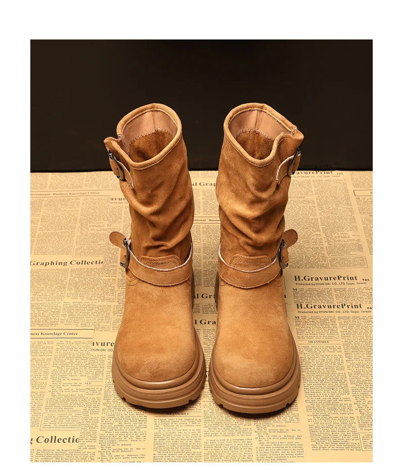 Fujin 9cm Leather Women’s Platform Ankle Boots Booties, Chunky Motorcycle Style Casual Streetwear Fall Winter Fashion Shoes