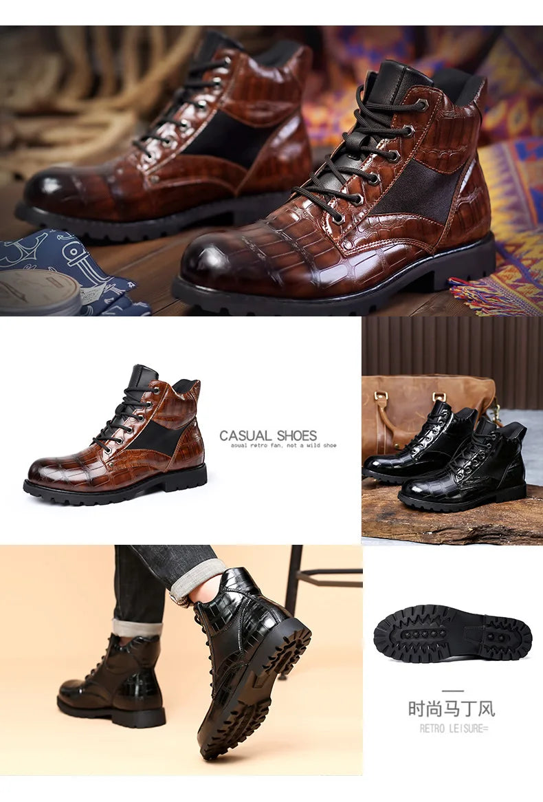 Size 38-48 Classic Design New Men's Ankle Boots Handsome Thick Sole Patent Leather Crocodile Lines Men's Short Motorcycle Boots
