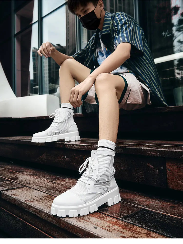 2024 New Summer Men's Boots Thick Bottom Mesh Surface Breathable Hollow Out Chain Short Boot Male Autumn Fashion Casual Shoes