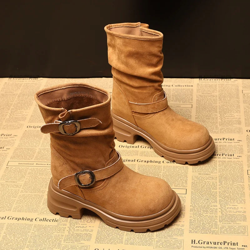 Fujin 9cm Leather Women’s Platform Ankle Boots Booties, Chunky Motorcycle Style Casual Streetwear Fall Winter Fashion Shoes