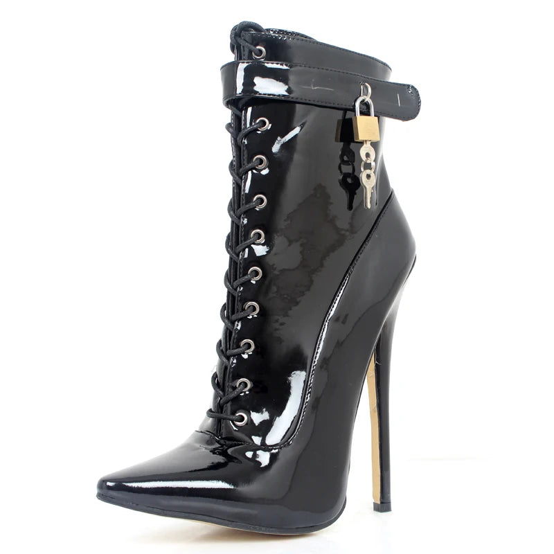 jialuowei 18CM Extreme high heel Sexy Fetish pointed-toe thin Heels motorcycle Patent Leather lace-up Lockable Ankle Strap Boots