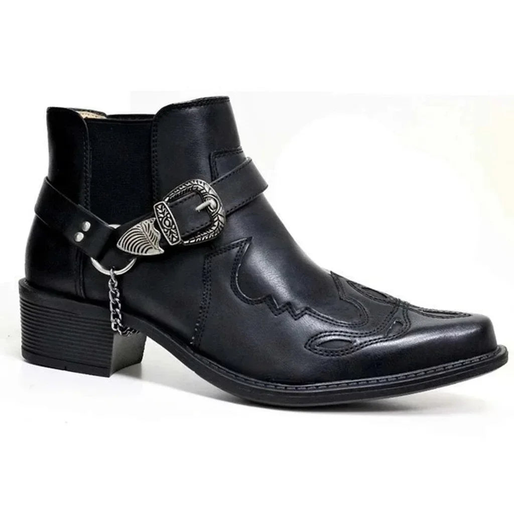 Fashion 2025 Men's Vintage Cowboy Boots Leather High Top Chain Buckle Strap Punk Shoes Pointed Toe Biker Boots Men