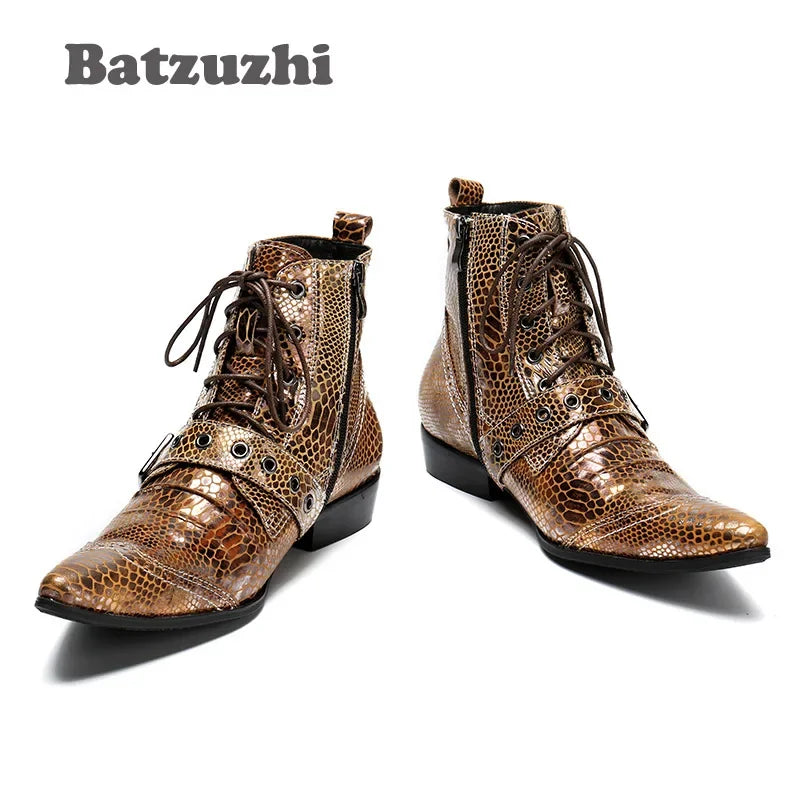 NEW Western Punk Men Boots Ankle Golden Leather Short Boots Rock Winter Autumn Motorcycle Boots Men botas hombre,US6-12