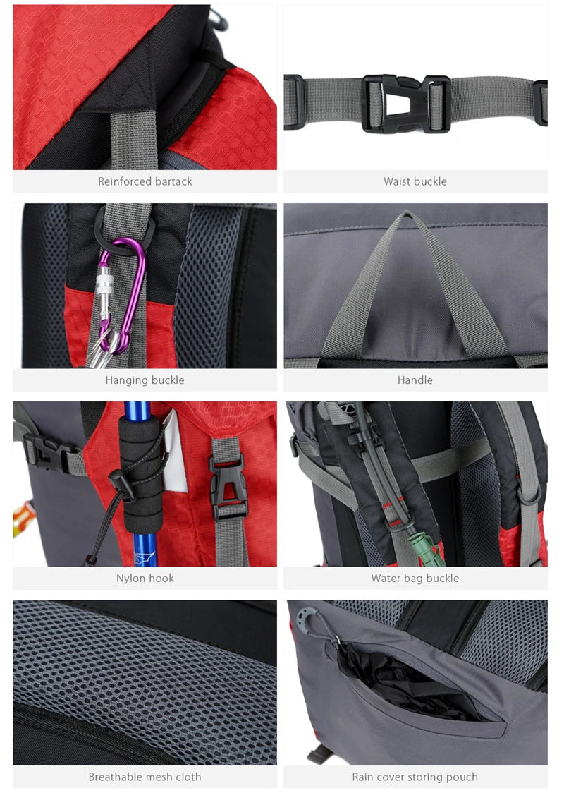 60L Camping Hiking Backpacks Men Outdoor Tourist Backpacks Nylon Sport Bag for Climbing Travelling with Rain Cover Free Knight