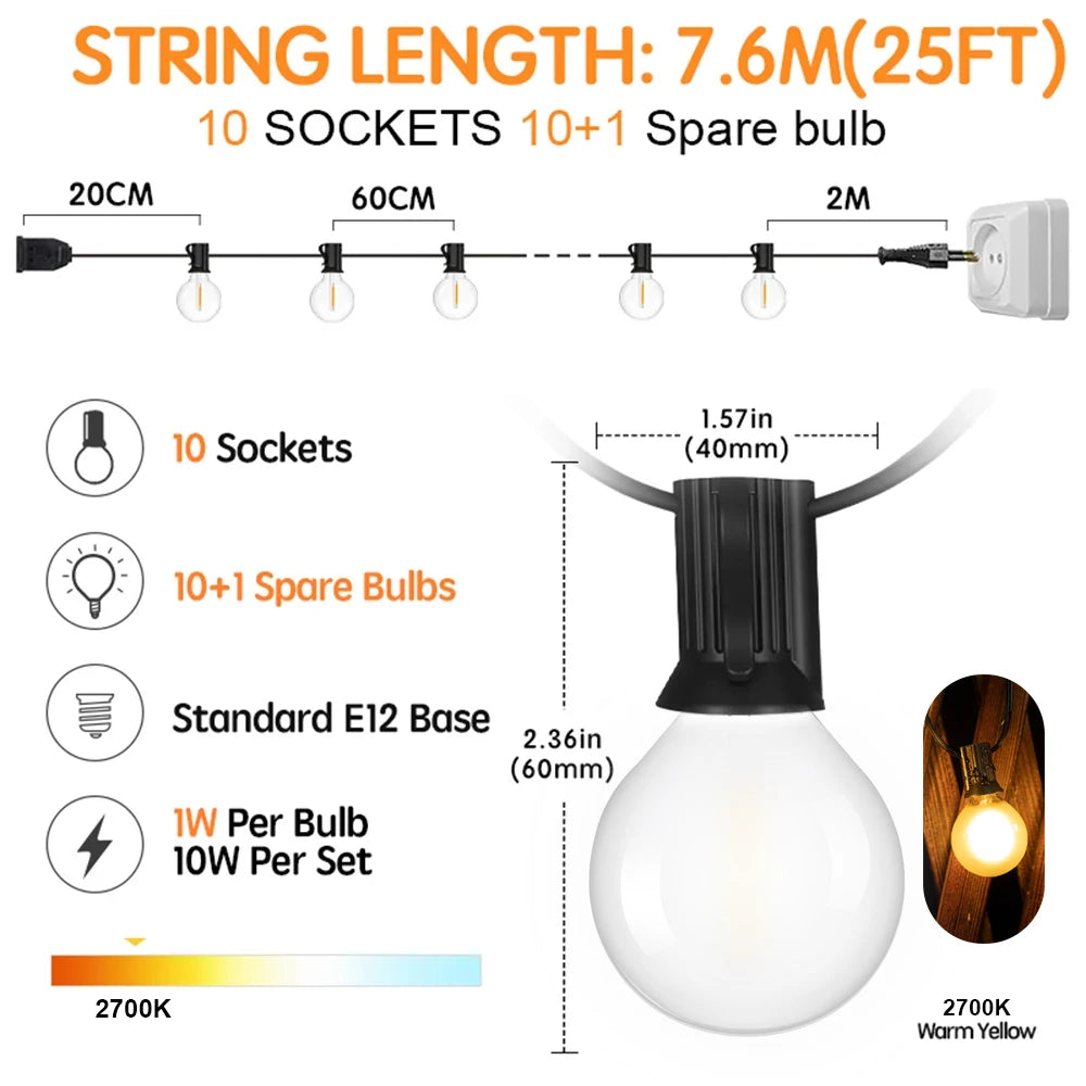 Waterproof G40 Led Lights Decoration EU 220V US 110V String Light Warm White Frosted White Wedding Party Garden Lights Outdoor