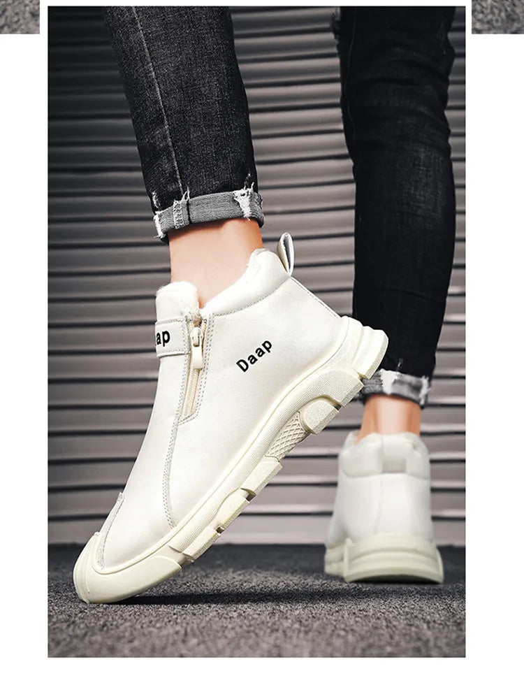 2025 High Top Men's Winter Shoes Comfortable Black Fluff Boots Men Warm Plush Leather Casual Sneakers Men Work Motorcycle Boots