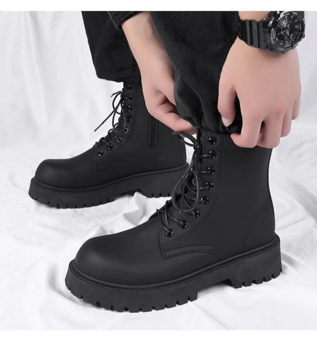 Black Leather Boots for Men High Top Platform Lace Up Light Fashion Motorcycle Boots British Style Men's Waterproof Casual Boots