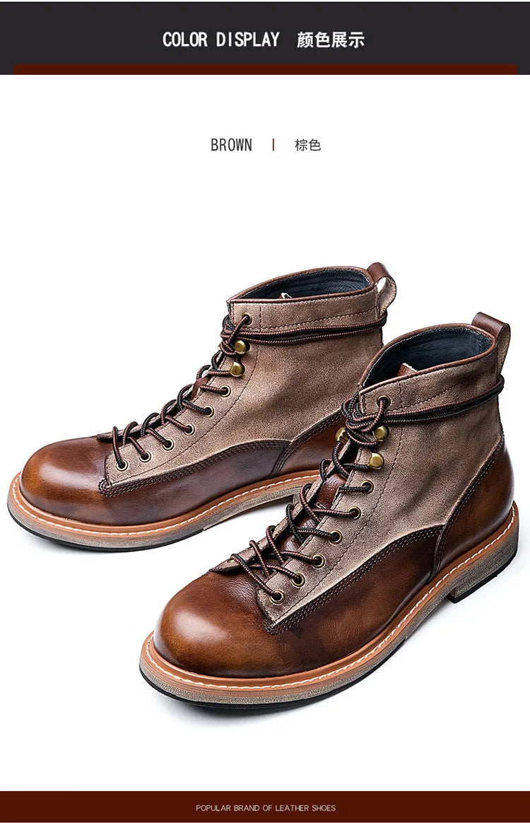Retro Leather Men Motorcycle Boots High Top Motorbike Riding Boots Fashion Comfortable Ankle Boots Trekking Outdoor Shoes Brown