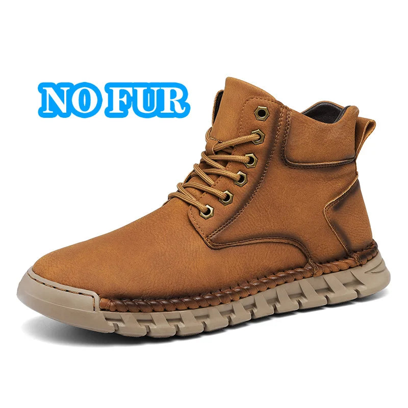 Lace-Up Men's High Top Shoes Classic Winter Men Ankle Boots Version Casual Motorcycle Boots Male Winter Plush Snow Leather Botas