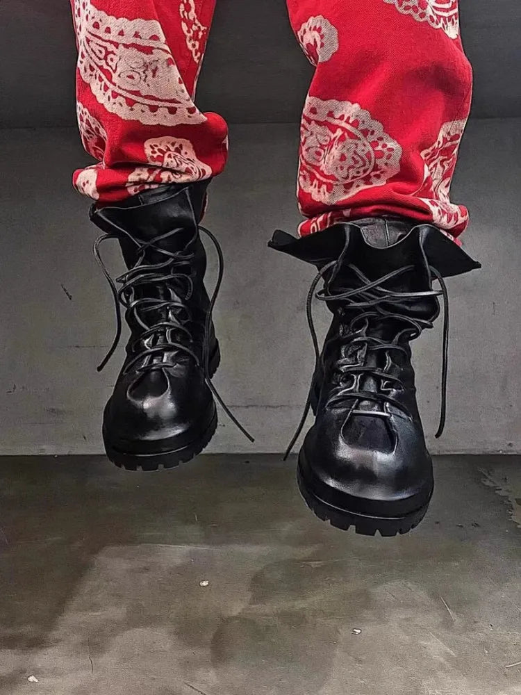 Gothic Designer Men High Top Sheepskin Genuine Leather Ankle Boots Lace Up Thick Platform Runway Shoes Vintage Work Safety Boots