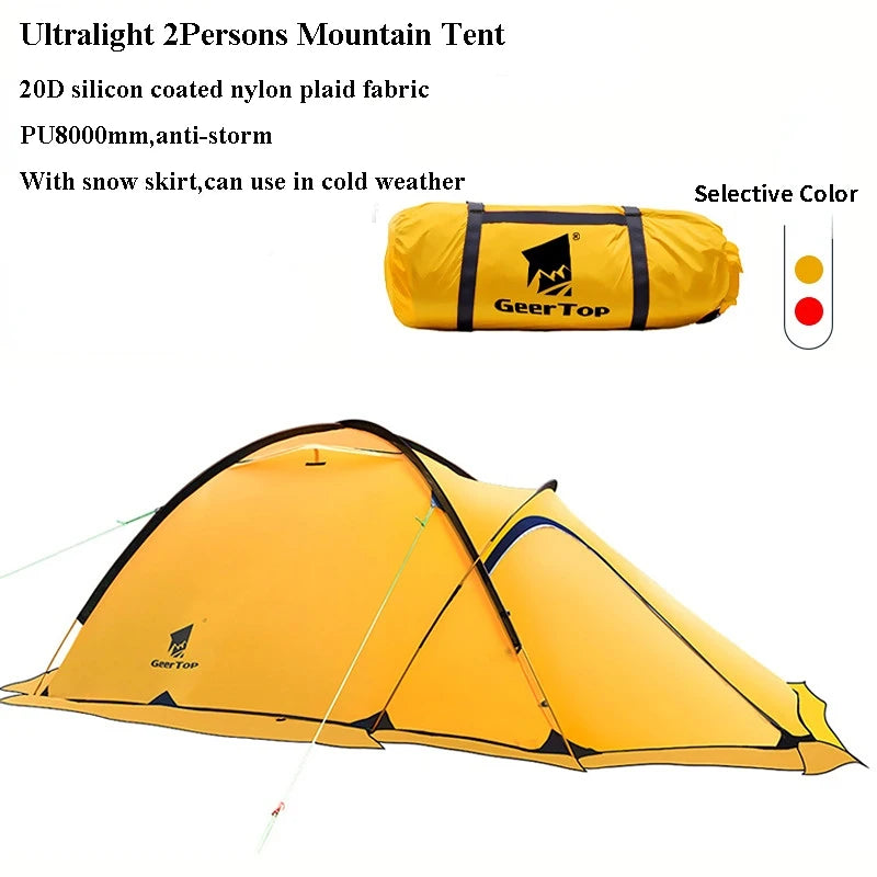 2Persons 4Seasons 20D Silicon Coated Tent Aluminum Rod Outdoor Camping 1Hall 1Room Rainproof with Snow Skirt Hiking Cycling Tour