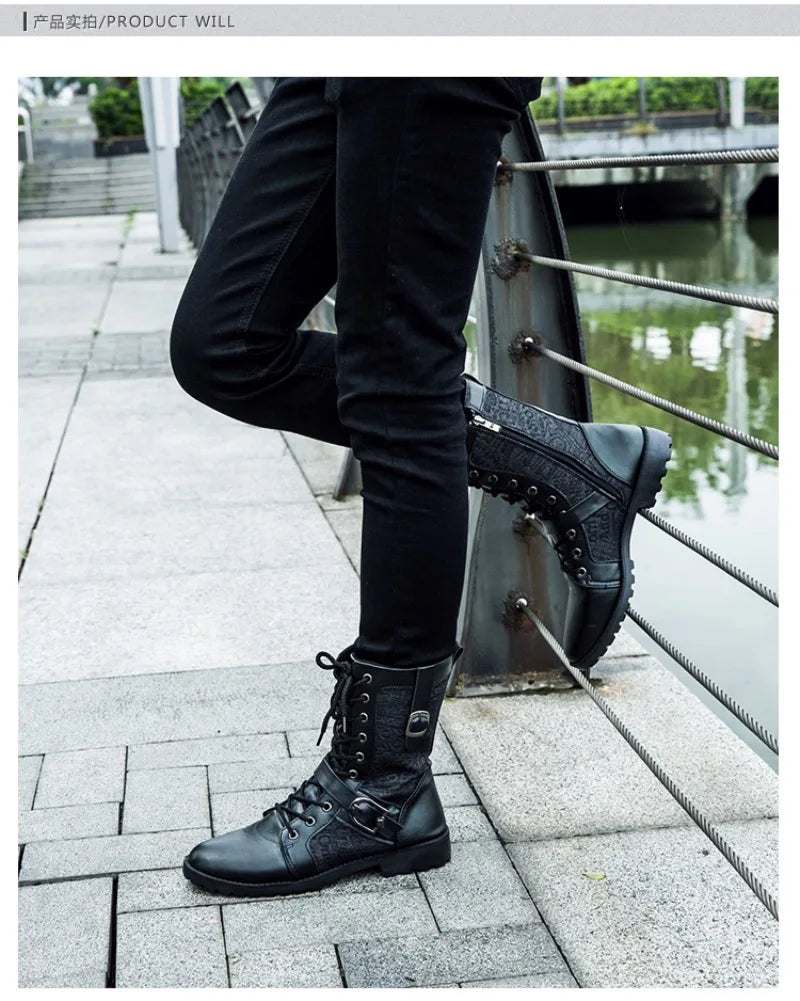 2025New Men Boots Fashion Mid-calf Boots Trend Motorcycle Boot High Top Casual Boots for Men Plush Warm Winter Boot Botas Hombre