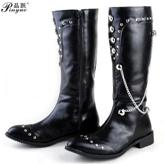 Men Motorcycle Leather Boots,Black Fashion Stage Boots Punk Over Knee High Boots Waterproof Snow Boots Equestrian Gothic Boots