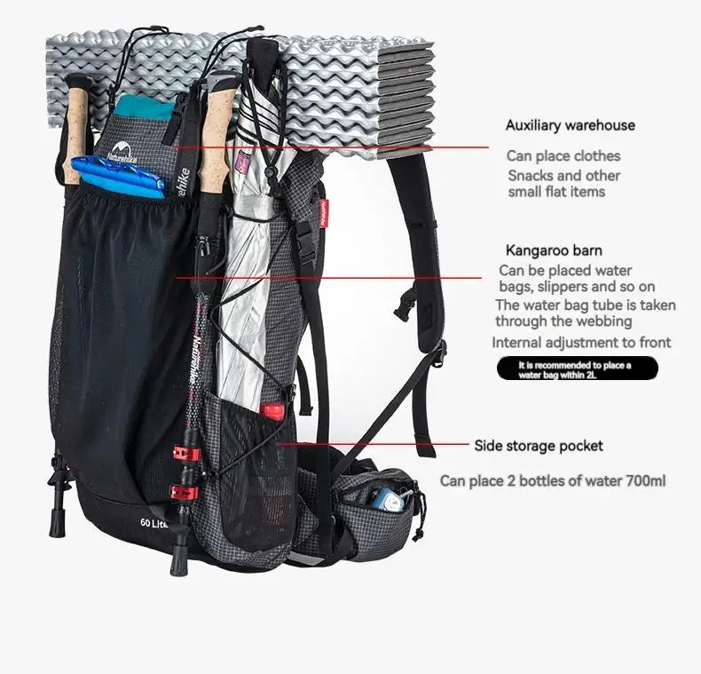 Naturehike Ultralight Backpack With Frame Waterproof Travel Bag Men Women Camping Climbing Hiking With Rainproof Cover 45L/65L