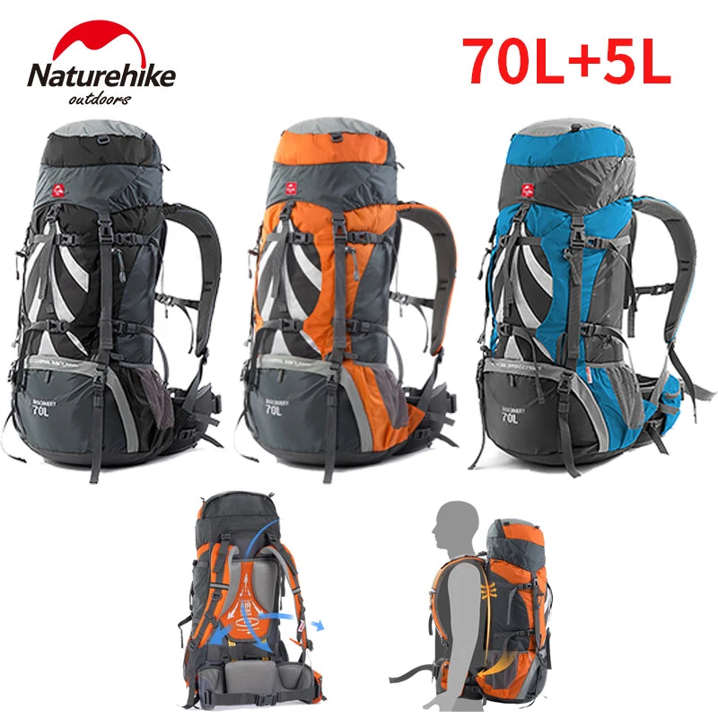 Naturehike 70L+5L Hiking Backpack Waterproof Outdoor Mountaineering Bag Knapsack Softback Big Capacity Rucksack With Rain Cover