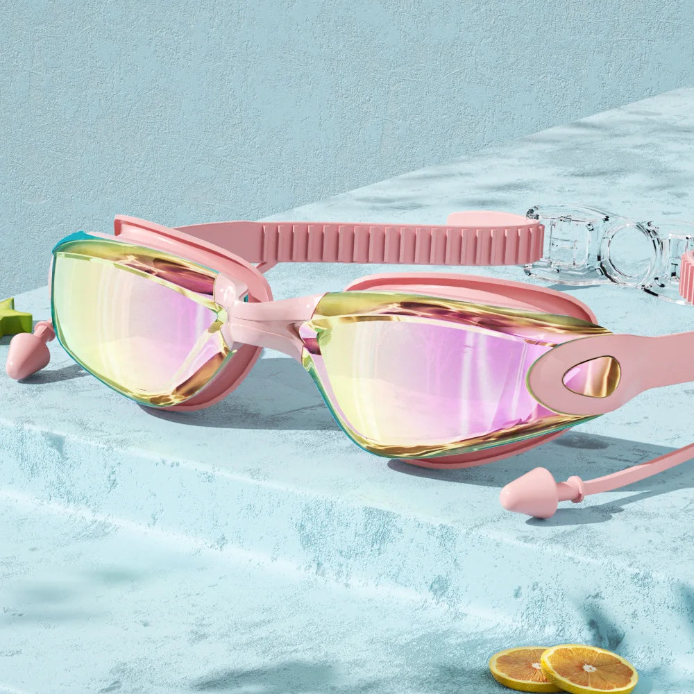 Professional Swimming Goggles with Earplugs Adult Anti-fog UV Protection Lens Men Women Waterproof Adjustable Silicone Glasses