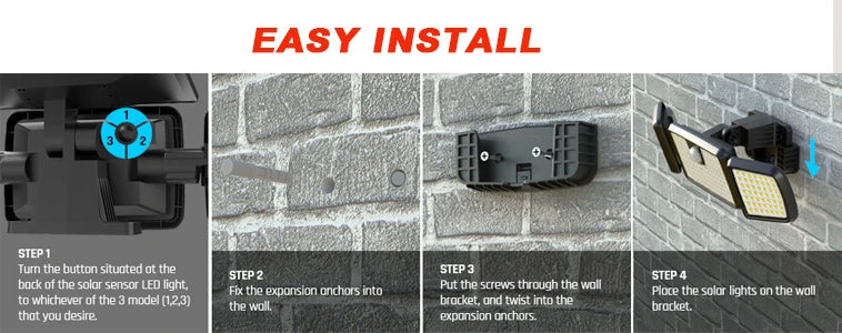 Solar Outdoor Lights Remote Control 3 Heads Motion Sensor Lights IP65 Waterproof 270 Wide Angle Flood Wall Lights with 3 Modes