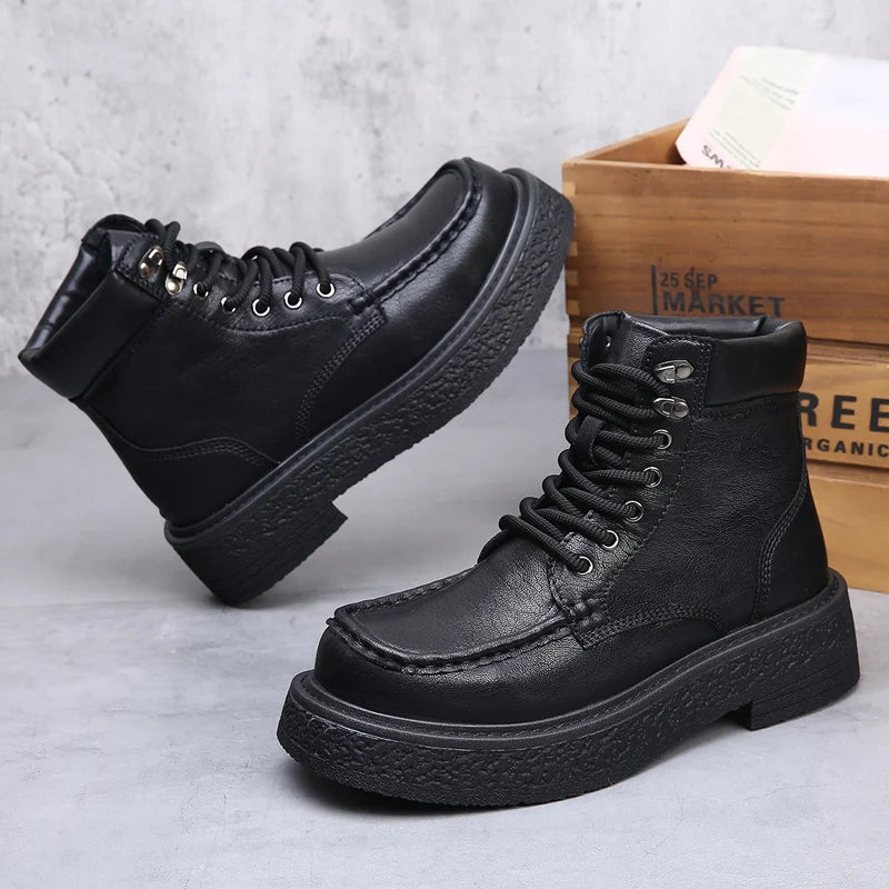 Leather Male Casual Shoes High Quality Comfortable Motorcycle Boots New High Top Man Botas Fashion Mens Lace Up Walking Boots