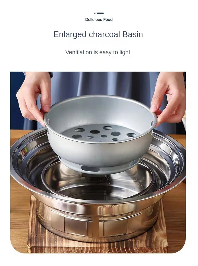 Stainless Steel Korean Barbecue Grill Round Household Commercial Camping Party Charcoal Grill Portable Charcoal Barbecue Grill