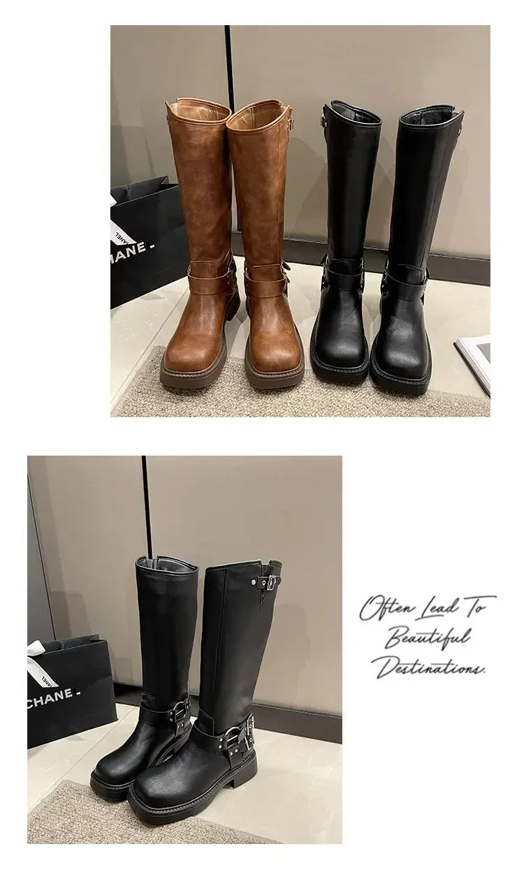 WOMEN'S platform knee-high Knight casual long boots chunky vintage fashion buckle luxury designer Western cowboy woman shoes
