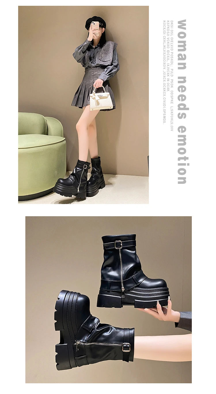 Women's Autumn Winter Leather Ankle Boots 10CM Heels Chunky Platform Combat Boots New Non Slip Motorcycle Shoes Woman Punk Boots