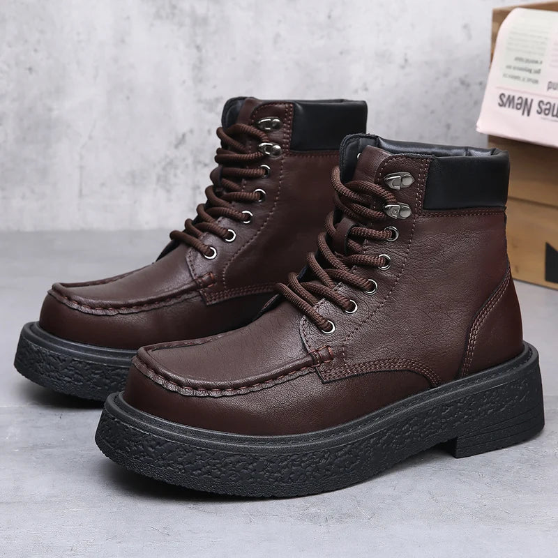 Leather Male Casual Shoes High Quality Comfortable Motorcycle Boots New High Top Man Botas Fashion Mens Lace Up Walking Boots
