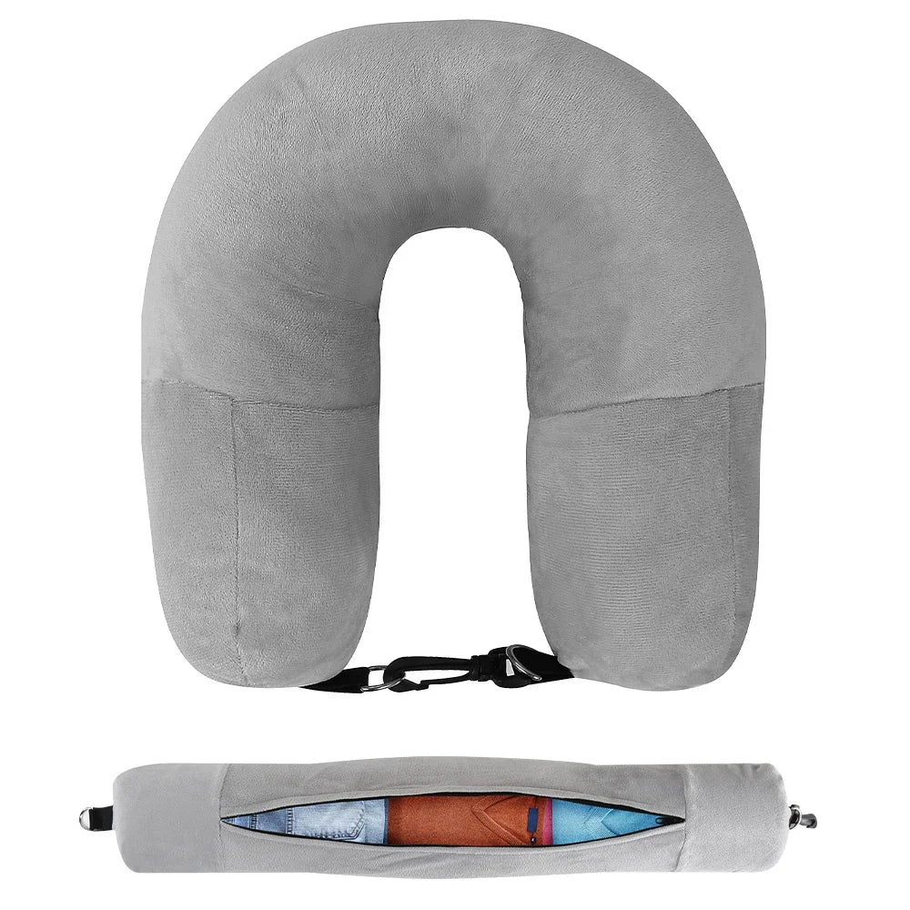 Travel Neck Pillow with Fillable Clothing U-Shaped Pillowcase, Extra Storage Bag, Velvet Neck Pillow Cover for Airplane Travel