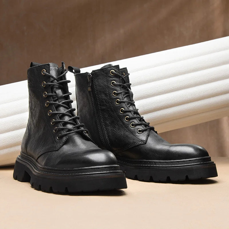 Motorcycle Boots Men Genuine Leather Retro Motorbike Ankle Boots Thick Soled Wear Resistant High Top Cowhide Shoes EU 38-44