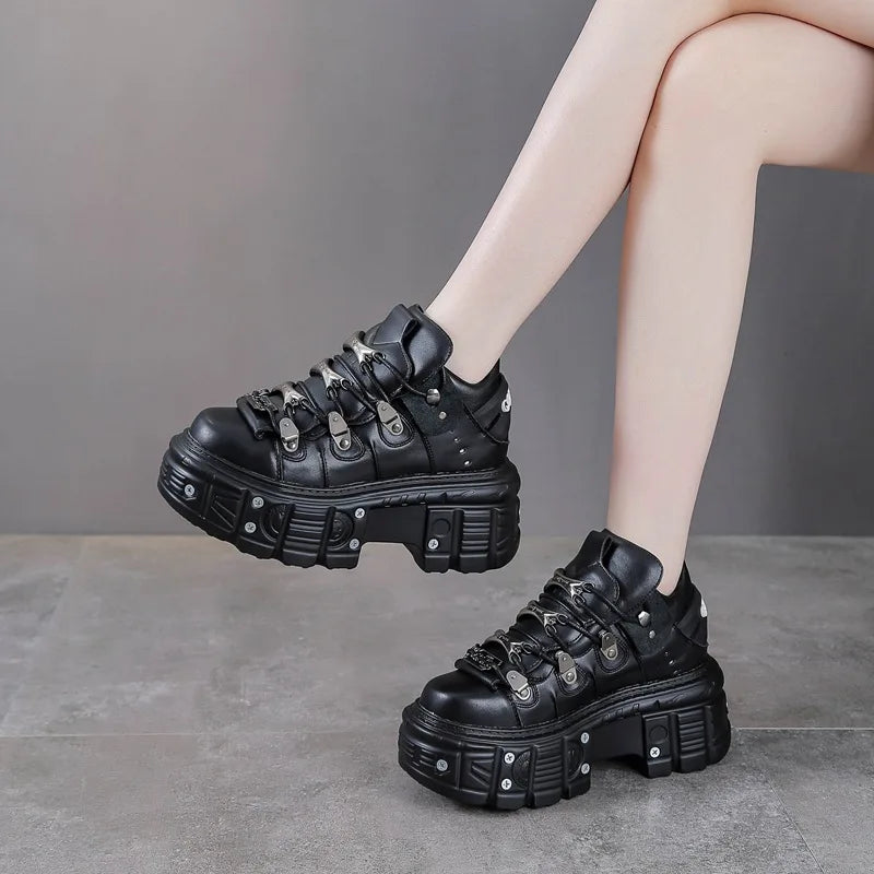 2025 New Black Dad Shoes 8cm Platform Women's Heavy Metal Personality Goth Punk Boots Men