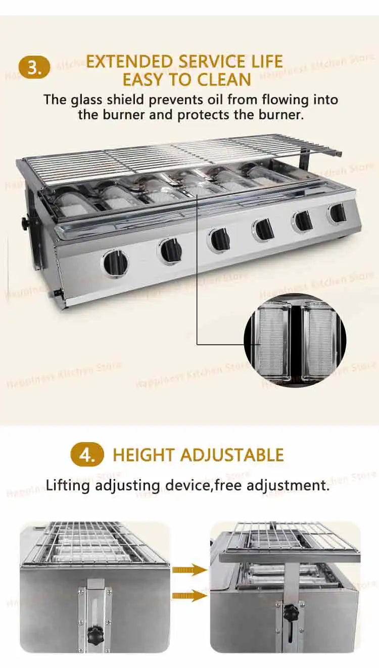 Smokeless Infrared BBQ Grill Stainless Steel Roast Stove Outdoor Barbecue Cooking Oven Glass Cover Adjust Height Hiking Kitchen