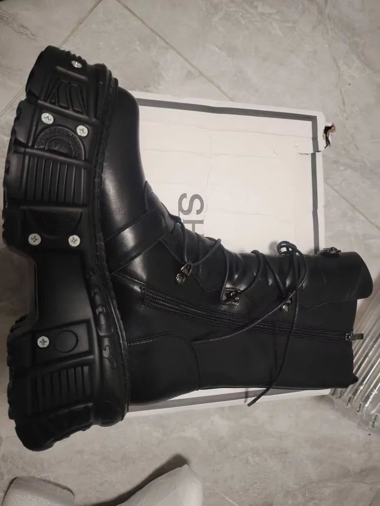 2025 Spring, Autumn and Autumn New Punk Style Women's Platform Spice Girls Metal Rock Motorcycle Fried Street Middle Boots Men