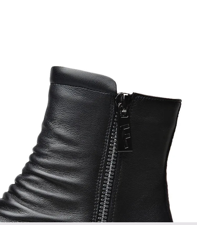 Ankle Boots Mens Split Soft Leather Mid Top Winter Vintage Plush Warm Soft Leather High Top British Side Zipper Chelsea Boots