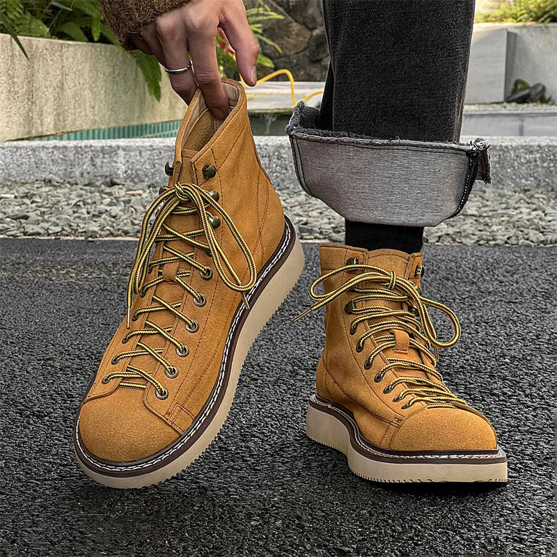 Handmade Top Quality Men Fashion Luxury Real Cow Suede Leather Shoes Tooling Ankle Boots Desert Platform Boots Motorcycle Boots