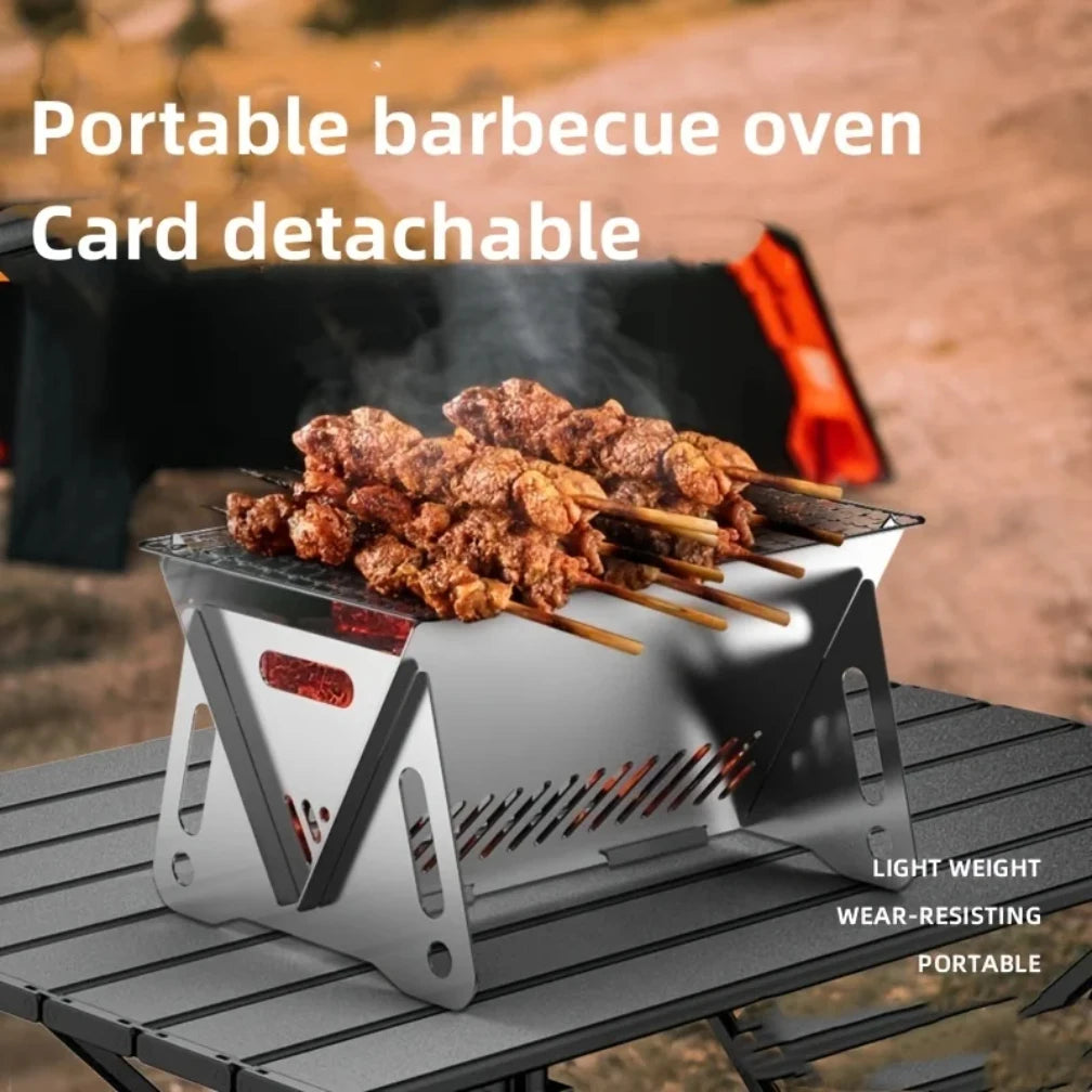 2025 1piece Portable Foldable Stainless Steel BBQ Grill - Lightweight Charcoal Camp Stove with Detachable Ash Pan