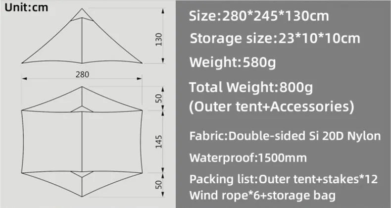 Hikeburger Yuanxing 2P Outdoor Camping Ultralight Tent Tarp Type A Pyramid Double Silicon 20D Nylon Cloth Waterproof Canopy Tent
