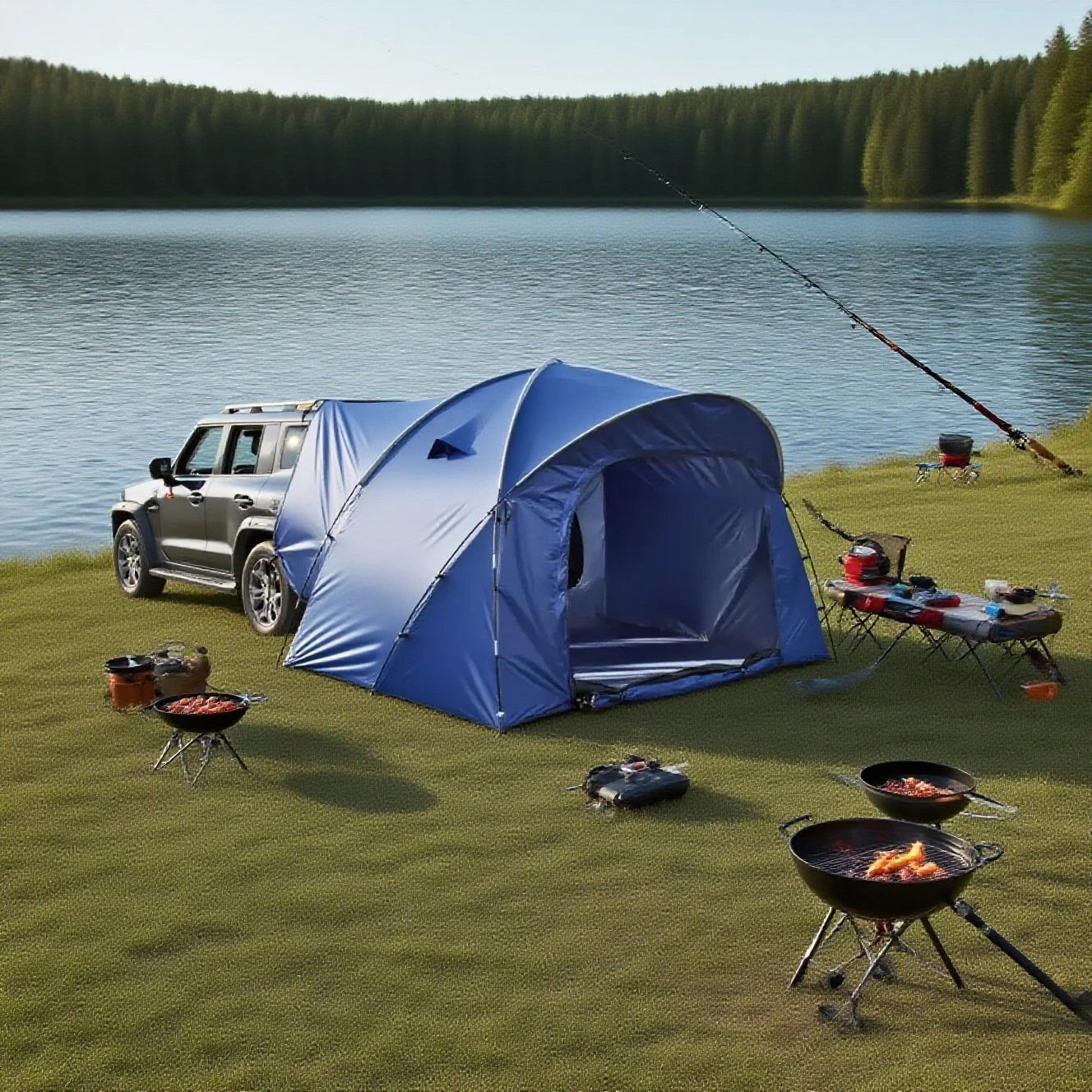 3-4 Person SUV Camping Tent PU4000 Waterproof with Mesh Bug Door, Cross-Ventilated Quick-Pitch Design, Built-In Floor