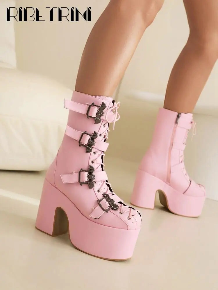 Punk Goth Women Motorcycle Boots Block High Heels Platform Shoes  Woman 2024 New Brand Luxury Fashion Design Cool Street Boots