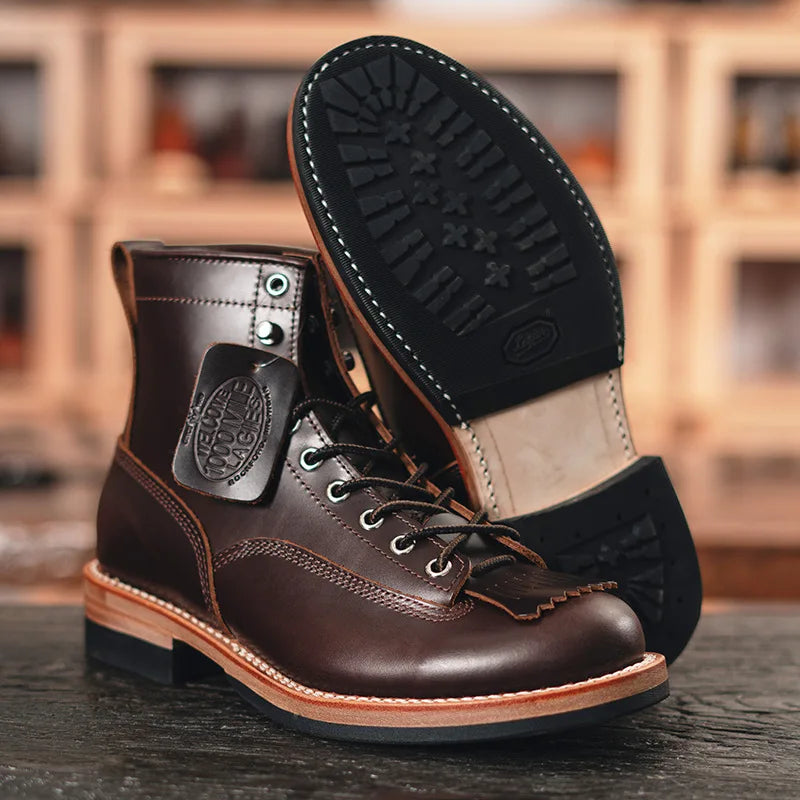 Men's Vintage Motorcycle Boots Cowhide Leather High Top Motorbike Boots Motocross Riding Boots Walking Shoes Thick Soled 38-44