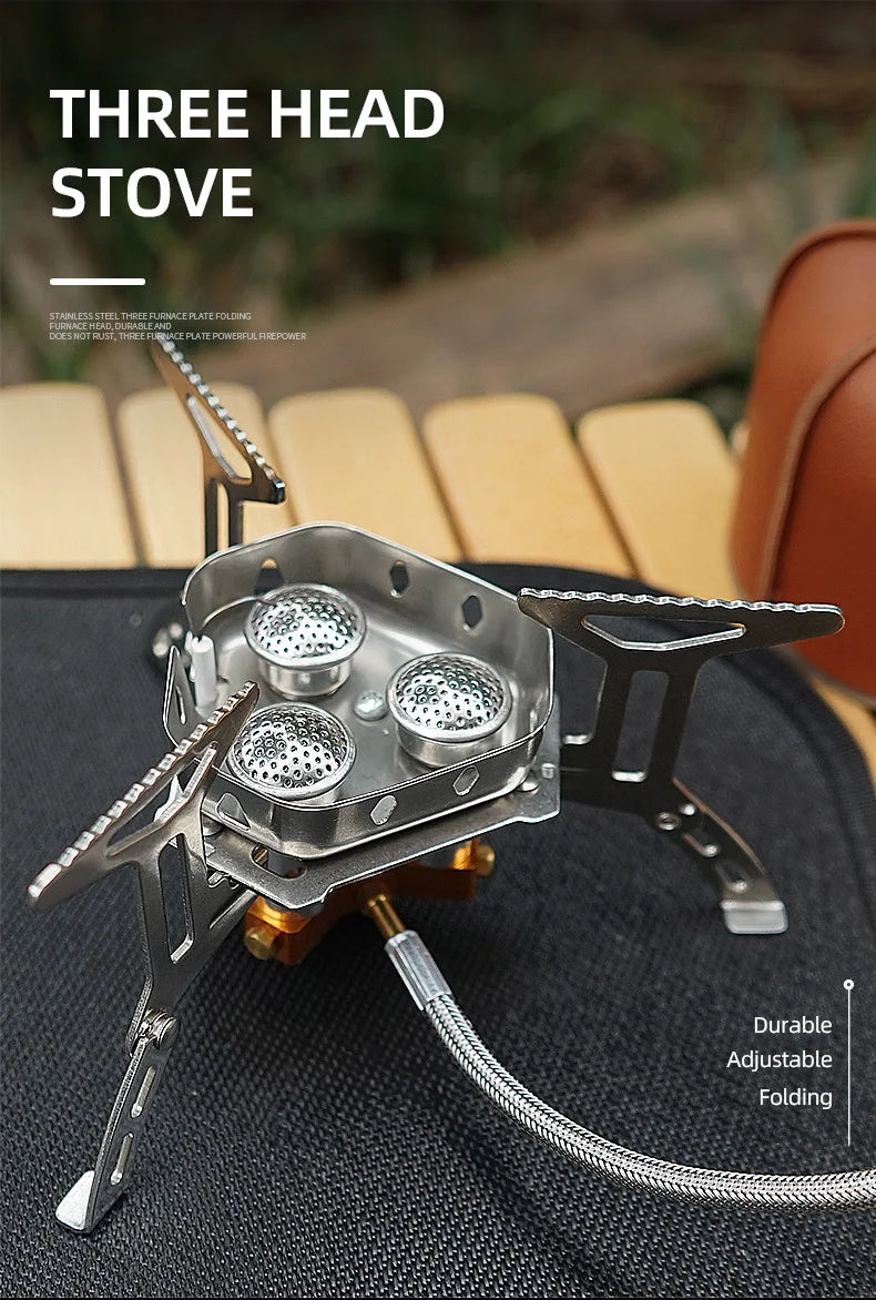 Three-Headed Camping Gas Stove BBQ Grill Set, Portable Outdoor Cooking Equipment